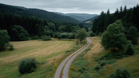 A quiet meeting of country roads in the middle of a forested and grassy landscapeの素材