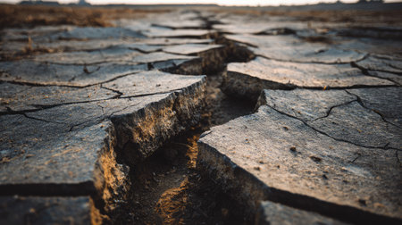 Dried earth with visible soil flakes separating from surface, forming jagged platesの素材