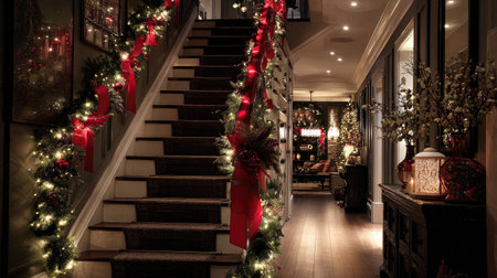 Garland-covered staircase with red ribbons, pinecones, and glowing lights wrapped around handrailの素材