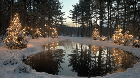 Christmas lights reflecting in a frozen pond surrounded by decorated evergreensの素材