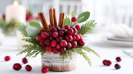 Festive centerpiece made of cranberries, cinnamon sticks, and evergreens on white tableの素材