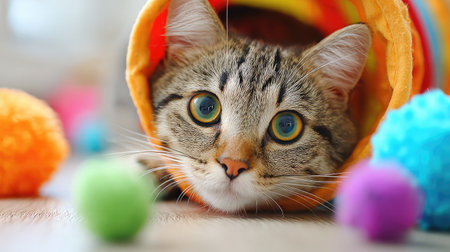 Cat tunnel toy in vibrant colors set on a clean floor with toys peeking from insideの素材