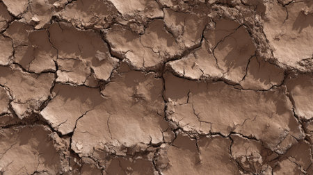 Dried earth with visible soil flakes separating from surface, forming jagged platesの素材