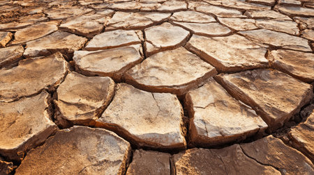 Polygonal cracking pattern formed naturally on dry desert ground, isolated by sunlightの素材