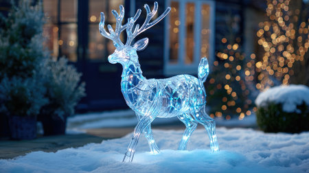 Light-up Christmas reindeer decoration glowing on a snowy lawn with sparkling backgroundの素材
