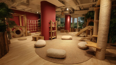 Lush indoor play area with jungle-themed cat toys and climbing structuresの素材