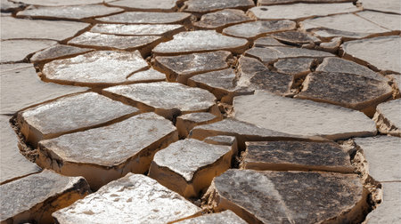 Polygonal cracking pattern formed naturally on dry desert ground, isolated by sunlightの素材