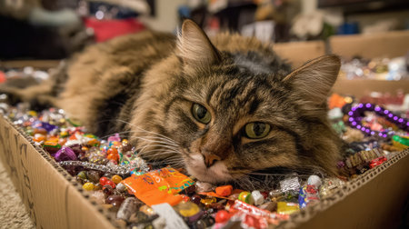 DIY cardboard cat puzzle filled with treats and dangling toys around the edgesの素材