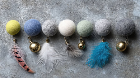 Assorted cat balls with bells and feathers arranged neatly on a textured surfaceの素材