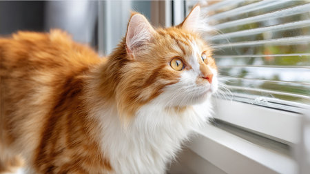 Orange and white cat scaling open shutters toward a bright outdoor viewの素材