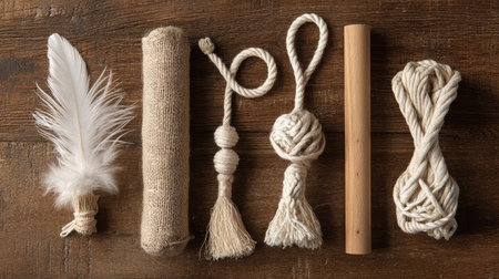 Feather and rope cat toys laid out on a wooden surface for product photographyの素材