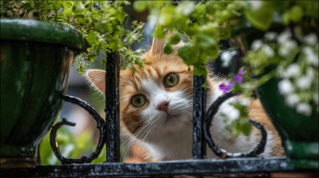 Cat caught mid-climb on decorative window bars surrounded by plantsの素材