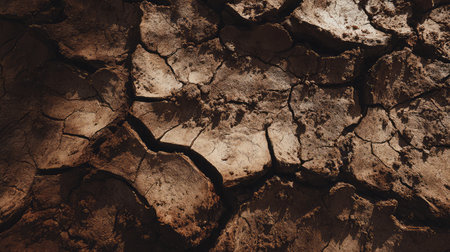 Abstract close-up of dry, cracked clay terrain with strong directional lightingの素材