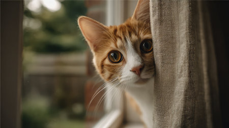 Cat peeking from behind climbing curtain halfway up the side of a tall windowの素材