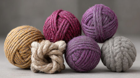 Natural hemp rope balls and organic cotton chew toys on a minimal backgroundの素材