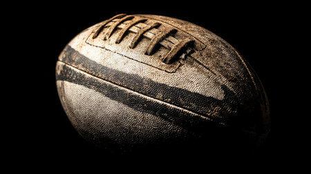 Isolated rugby ball on black background with dramatic shadows and studio lightingの素材