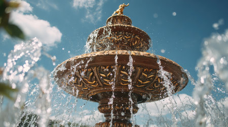 Tiered fountain captured from below with cascading water against blue skyの素材