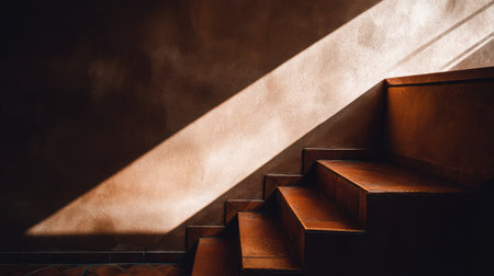 Side-lit stadium stairwell with warm sun beams creating dramatic geometryの素材
