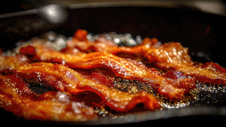 Close-up of crispy bacon strips sizzling on a cast iron skillet with glistening fat and golden edgesの素材