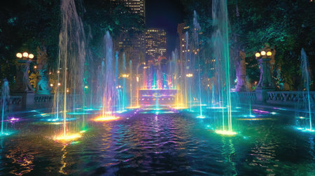 City fountain display with color-changing lights and programmable spray patternsの素材