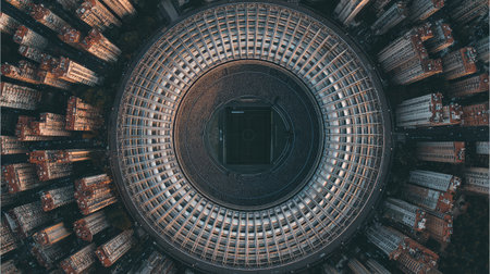 Aerial view of a sunlit stadium with open roof structure and sunlight filling the centerの素材
