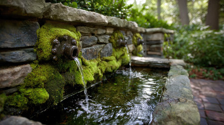 Moss-lined stone wall with spouts pouring water into a rectangular basinの素材