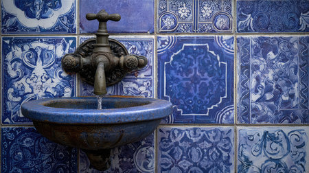 Decorative wall fountain with ceramic tile backdrop and slow water flowの素材