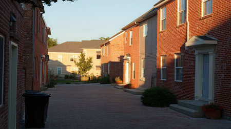 Urban alley between two rows of tightly built townhouses, showing symmetry and shadow playの素材