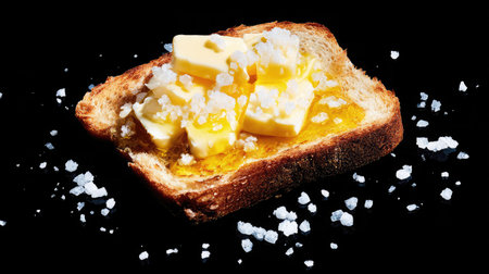Buttered toast with salt flakes on top and a shiny sheen under overhead lightの素材