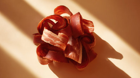 Bacon curls intertwined with dramatic shadows for an artistic food compositionの素材