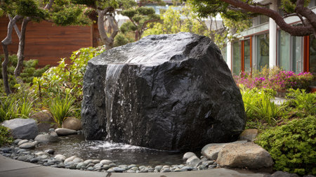 Ornamental rock fountain in a Japanese-style garden with trickling waterの素材