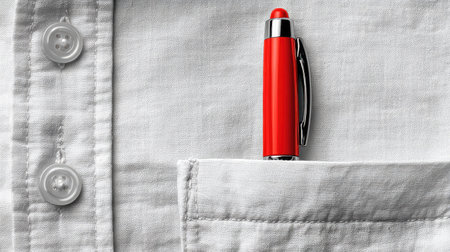 Classic red pen clipped upright inside a uniform pocket, with shirt creases and shadowsの素材