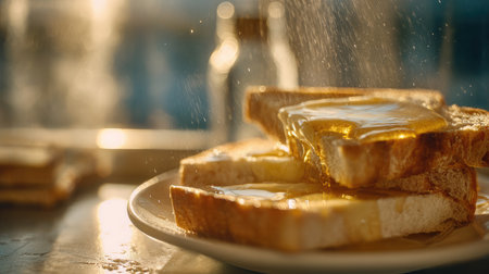Butter melting on freshly toasted bread, glistening under soft morning lightの素材