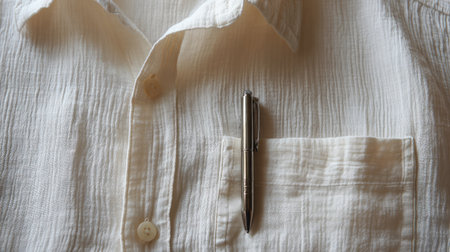 Casual cotton shirt with ballpoint pen clipped loosely to wrinkled front pocketの素材