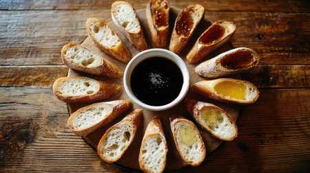 Artistic arrangement of toasts in a circle on a rustic table with dipping sauce in centerの素材