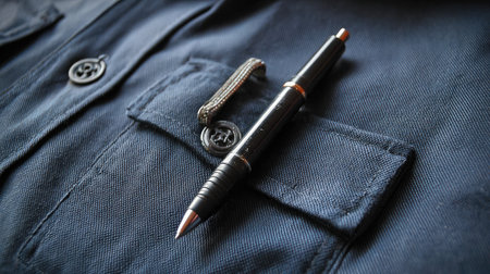 Plastic-capped pen secured in front pocket of a uniform shirt, utilitarian aestheticの素材