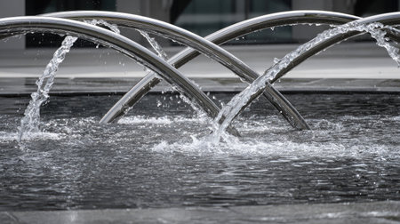 Abstract image of water arcs crisscrossing in the air from a modern fountainの素材