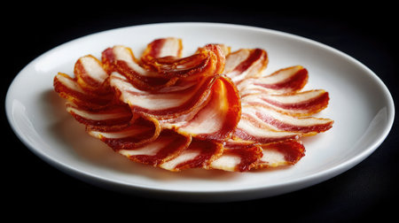 Arrangement of curled bacon slices in a fan shape on a white plate with high contrastの素材