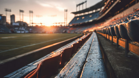 Sunbeam hitting the corner of an empty football stadium, enhancing the color of the seatsの素材