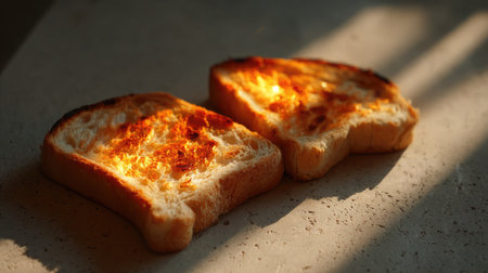 High contrast shot of toast with glowing golden hue and shadows creating depthの素材
