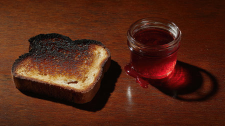 Toast with jagged crispy edges beside an empty jam jar on a breakfast tableの素材