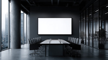 Projector casting an empty white screen in a modern conference room with glass walls and neat furnitureの素材