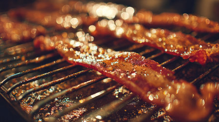 Freshly fried bacon strips cooling on a metal rack with grease droplets belowの素材