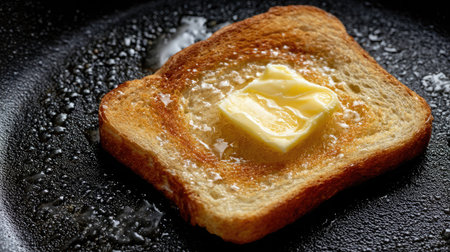 Toast slice with butter curl melting slowly, close-up from top downの素材