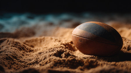 Clean rugby ball placed on sand, implying beach rugby setup with bright lightingの素材