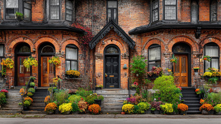 Brick townhouses with seasonal decorations on doors and well-kept gardensの素材