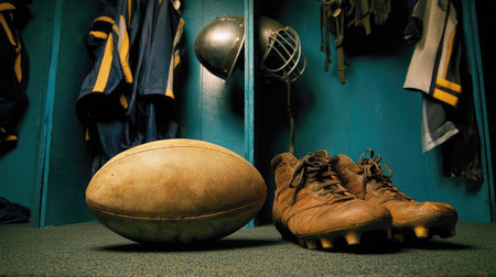 Flat lay of a rugby ball next to cleats and helmet on a sports locker room floorの素材