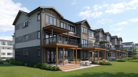 Back view of townhouse row with private patios and sliding glass doorsの素材