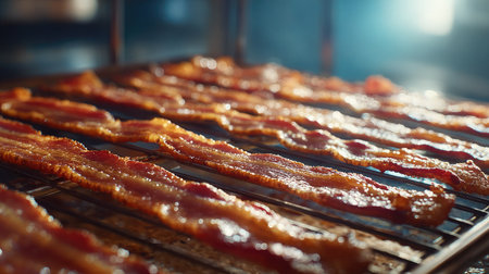 Rows of bacon crisps ready to be plated, resting on a wire rack over baking sheetの素材