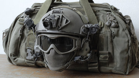 Tactical helmet with attached goggles and night vision mount on a military duffel bagの素材
